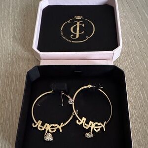 Juicy Couture Gold Hoop Earrings with 'Juicy' Script and Crystal Hearts